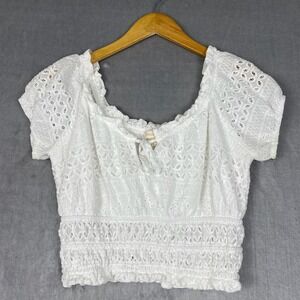 Womens Crop Top Size M White Lace Eyelet Milkmaid Boho Coquette Romantic Cotton